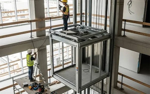 residential elevator installation crew working residential elevator installation crew working